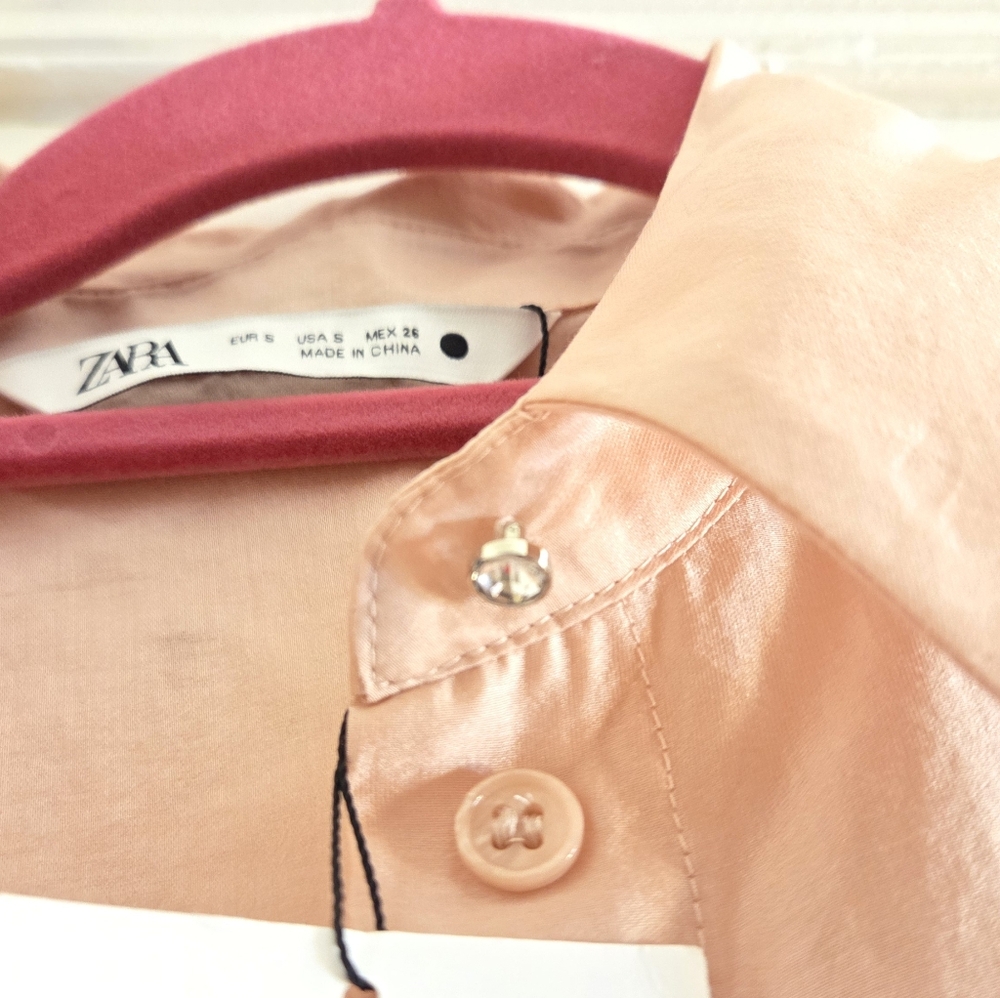 ZARA ZW Collection sz S New Embroidered Shirt Jewels Rhinestones Pastel Pink - Picture 11 of 15